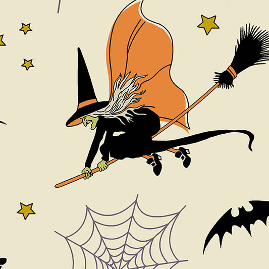 Andover Witchypoo by Renee Nanneman Night Flight Witches Bats Webs on Tan A-254-L