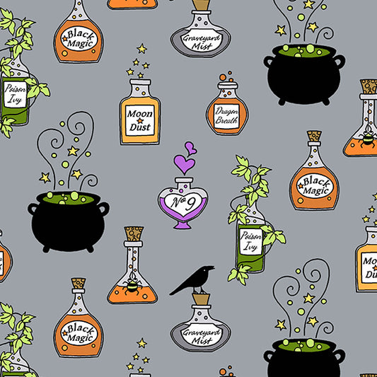 Andover Hocus Pocus by Kim Schaefer Cauldrons and Potions on Gray  A-210-C