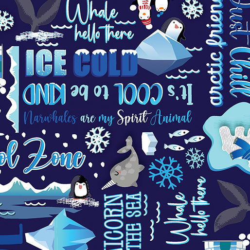 1232 Benartex Designer Fabrics Arctic Friends Cool Words Navy 1454057B