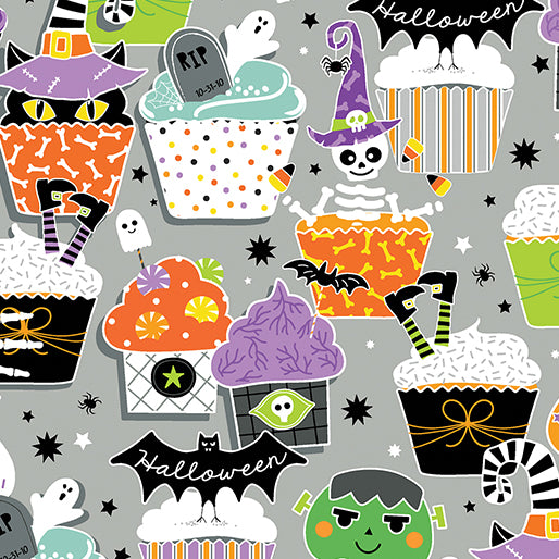1234 Benartex Designer Fabrics Chills & Thrills Halloween Treats Gray 14608G08B