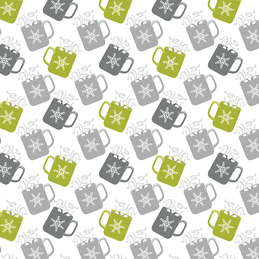 1239 Benartex Designer Fabrics Nordic Cabin Mugs Lime Grey 13420P43B