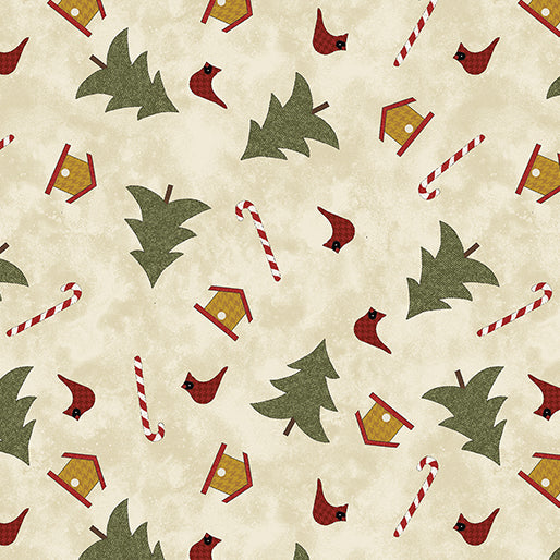 1242 Benartex Designer Fabrics Snowballs Tree Festival Cream 1624207B