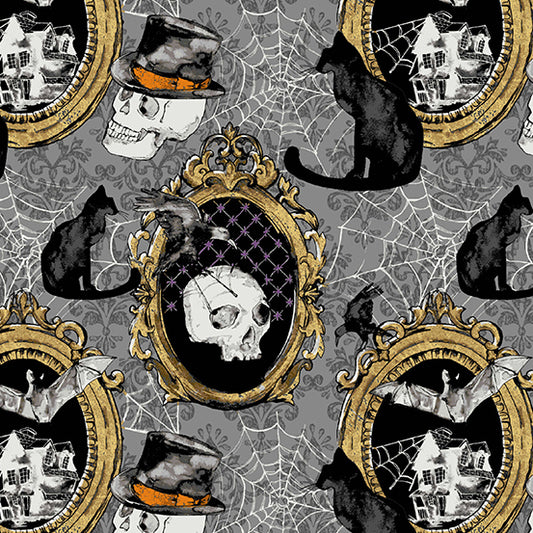 Andover Skulls Cats, Spider Webs on Gray Mystery Manor A-199-C