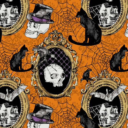 Andover Skulls Cats, Spider Webs on Orange Mystery Manor A-199-O
