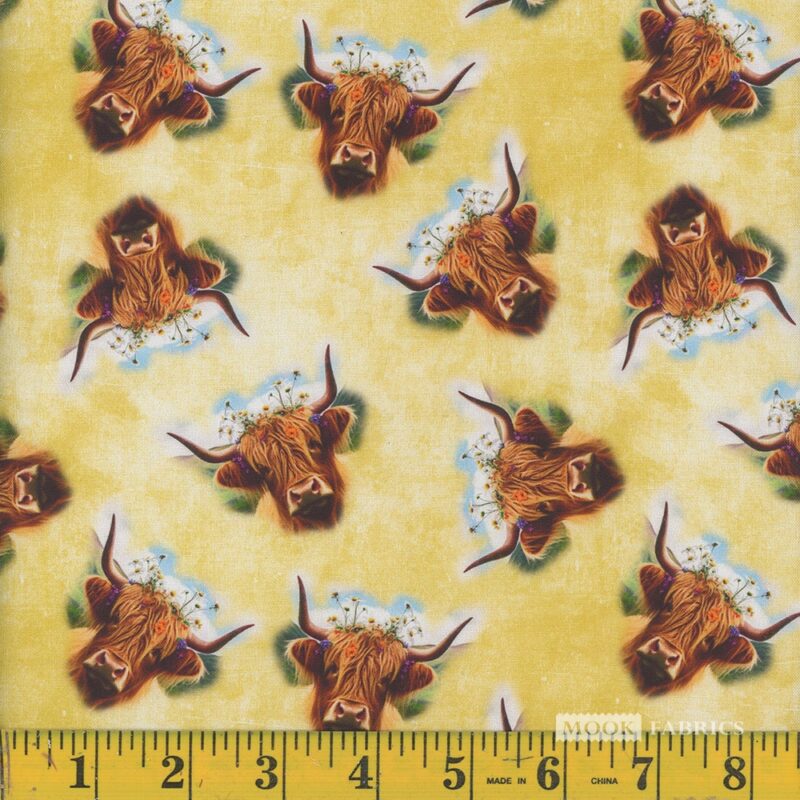 1300 Mook Fabrics Highland Cow Allover Yellow 137445