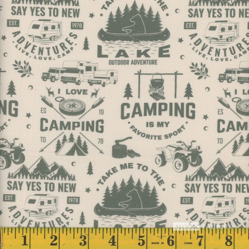 1310 Mook Fabrics Camping Outdoors Camping Words Green 133527