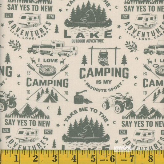 1310 Mook Fabrics Camping Outdoors Camping Words Green 133527