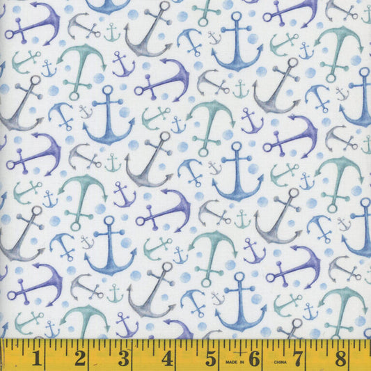 1333 Mook Fabrics Maritime Watercolor Anchors White 131432