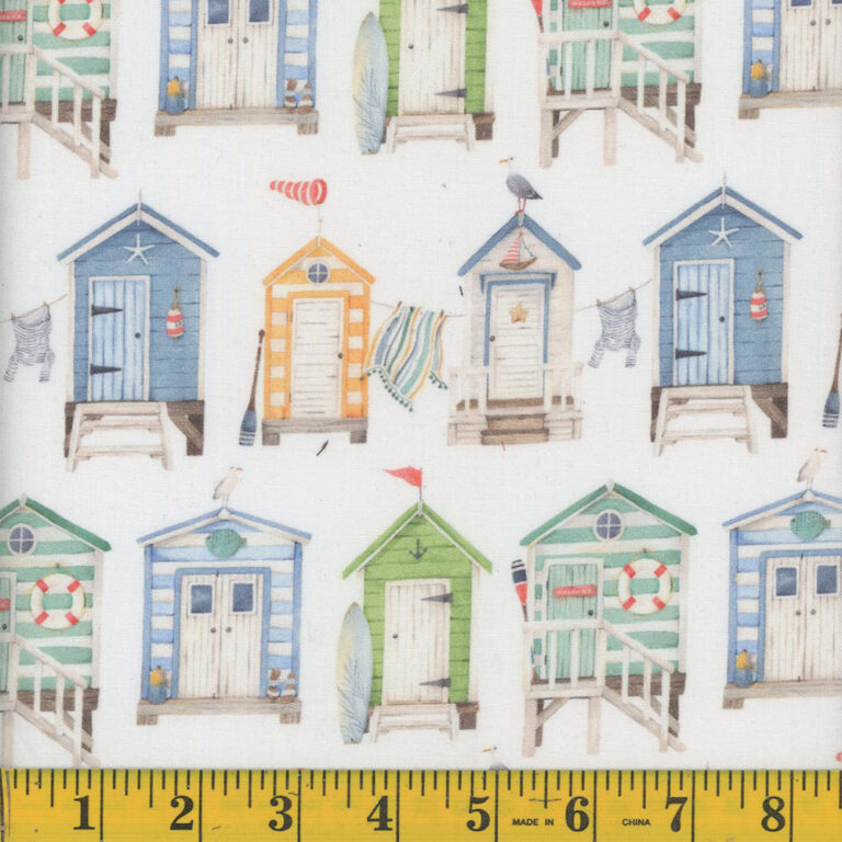 1334 Mook Fabrics Maritime Watercolor Beach Huts White 131431