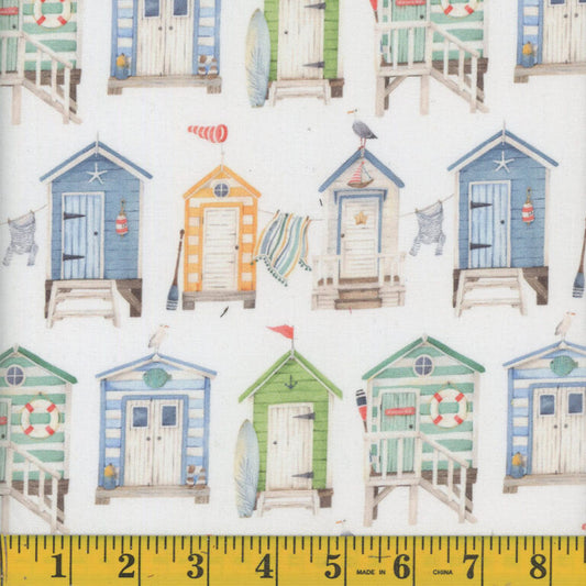 1334 Mook Fabrics Maritime Watercolor Beach Huts White 131431