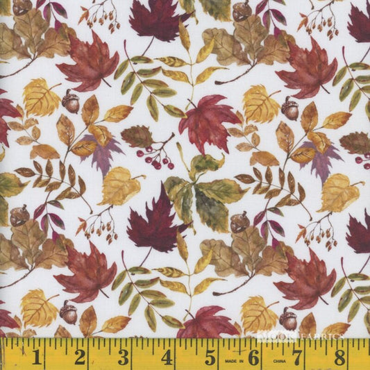 1364 Mook Fabrics Fall & Halloween Autumn Leaves White 138657
