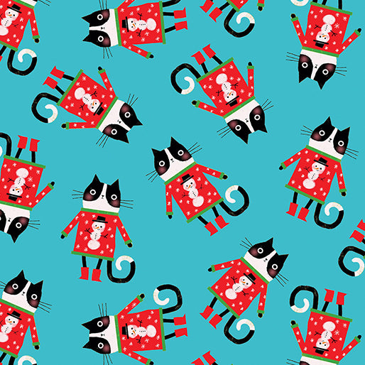 1451 Benartex Designer Fabrics Meowy Christmas Cat In A Sweater Toss Turquoise 1623684B