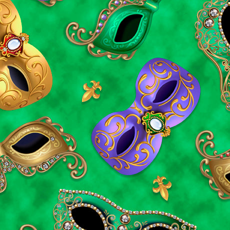 QT Fabrics Mardi Gras Masks Green 1649-28443-G