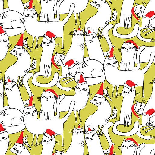 1465 Benartex Designer Fabrics Meowy Christmas Cats In Hats Lime 1623344B