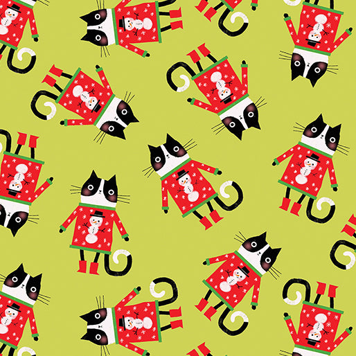 1469 Benartex Designer Fabrics Meowy Christmas Cat In A Sweater Toss Lime 1623644B