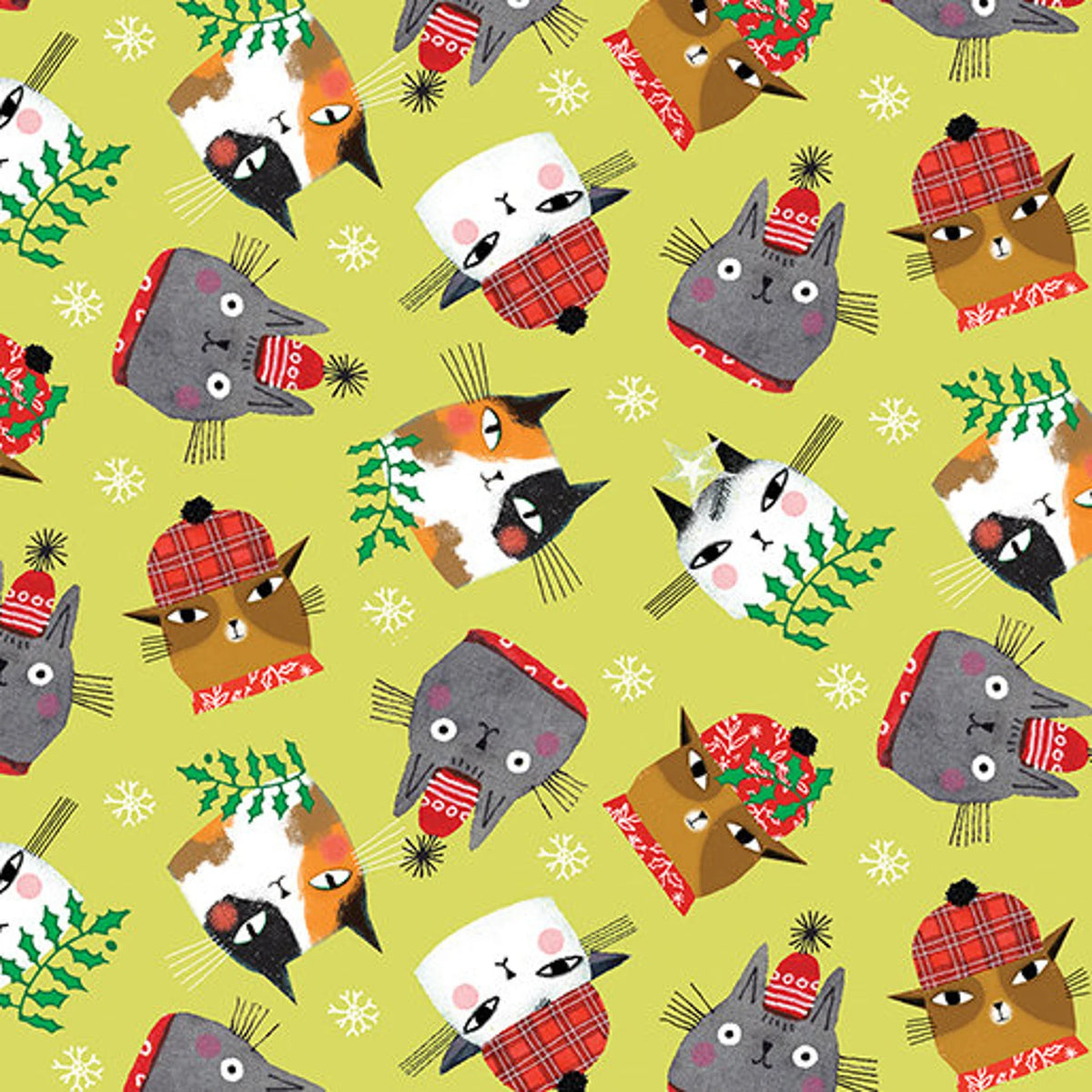 1492 Benartex Designer Fabrics Meowy Christmas Cat Christmas Toss Light Lime 1623440B