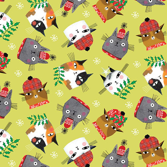 1492 Benartex Designer Fabrics Meowy Christmas Cat Christmas Toss Light Lime 1623440B