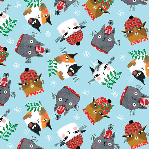 1496 Benartex Designer Fabrics Meowy Christmas Cat Christmas Toss Light Turquoise 1623480B