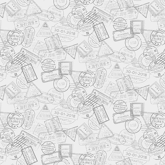 Clothworks Low Key Y3482-116 Mist Gray Multi Passport Stamps