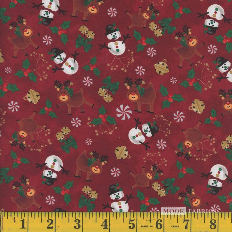 1585 Mook Fabrics Christmas Deck The Halls Reindeer Games Red 138438