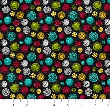 Northcott Fabrics  Sewing Is My Happy Place Colored Buttons Black Multi 24221-99