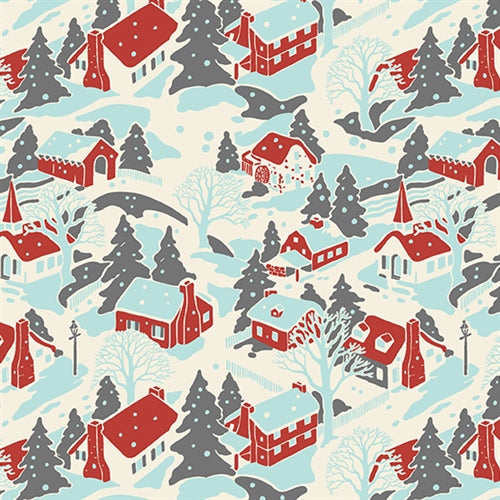 Andover Retro Hoho Artic Blue Winter Village by Renee Nanneman A-574-B
