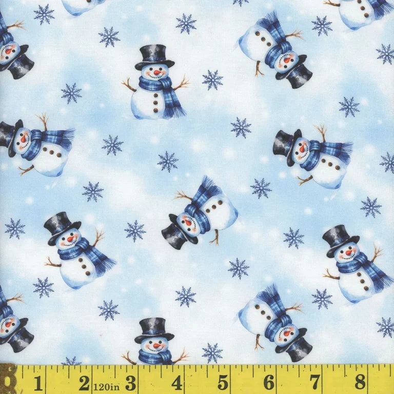 1706 Mook Fabrics Wintering Lane Top Hat Snowman Blue 144156