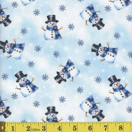 1706 Mook Fabrics Wintering Lane Top Hat Snowman Blue 144156
