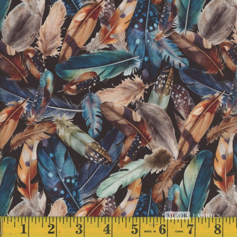 1754 Mook Fabrics Fall Feathered Fusion Multi Blue Teal Brown Feathers 136486