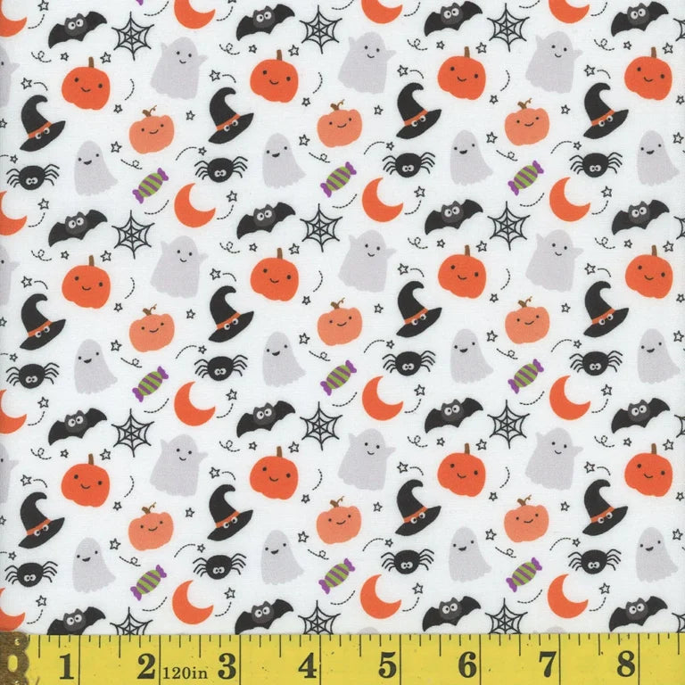 1759 Mook Fabrics Halloween Creepy Cute Crew White 144147