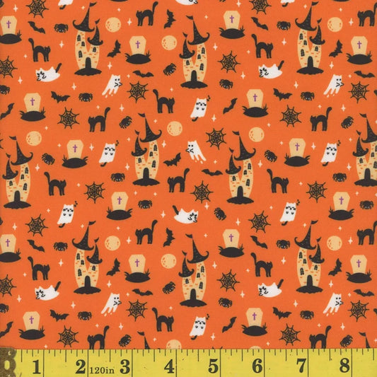 1760 Mook Fabrics Halloween Halloween Haunted Cats Orange 144146