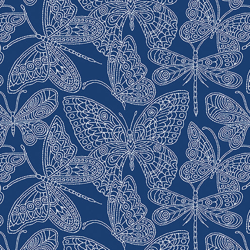 1784 Benartex Designer Fabrics Blooming Denim Butterflies N Stitch Blue 13283-54