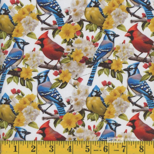 1852 Mook Fabrics Birds Blue Jay White 33911