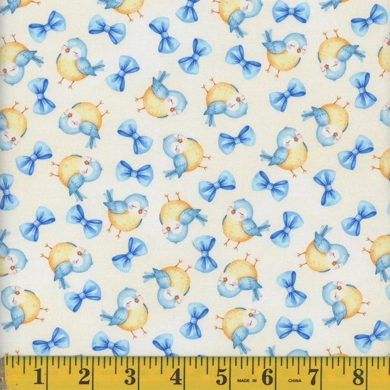 1857 Mook Fabrics Teddy Boy Picnic Birds & Bows Yellow 144115