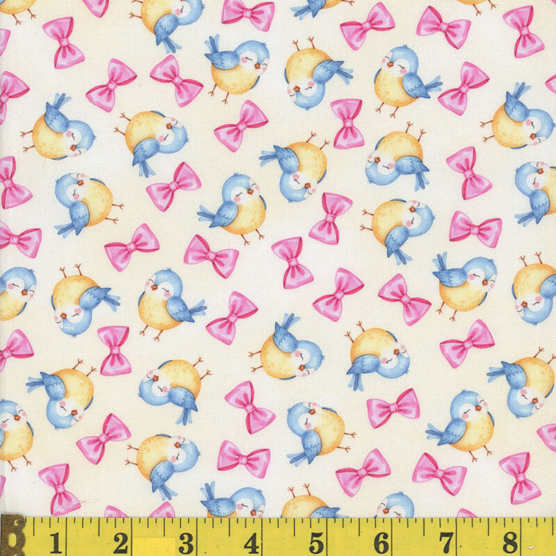 1858 Mook Fabrics Teddy Bear Picnic Birds & Bows Yellow 142168