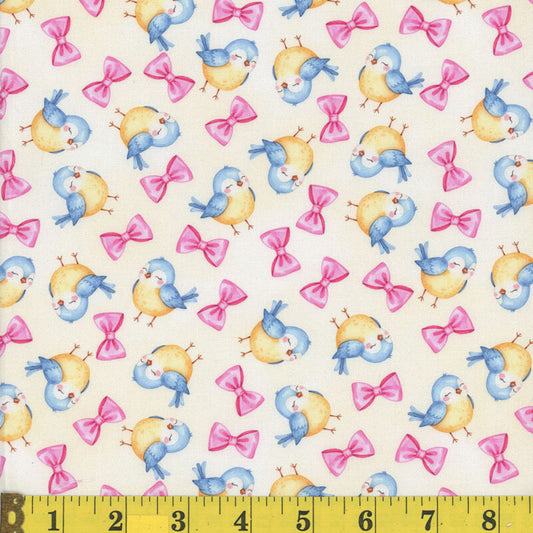 1858 Mook Fabrics Teddy Bear Picnic Birds & Bows Yellow 142168