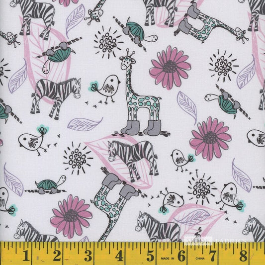 1866 Mook Fabrics Giraffe In Boots Pink Teal 112861