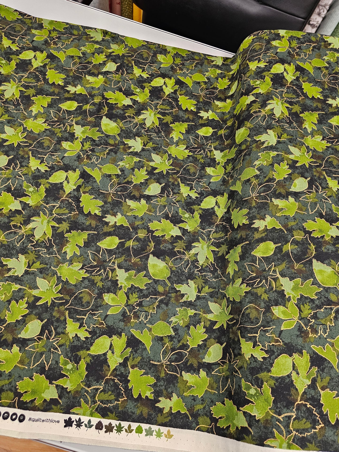 RJR Fabrics Shades of Autumn Turning Over a New Leaf Metallic in Green