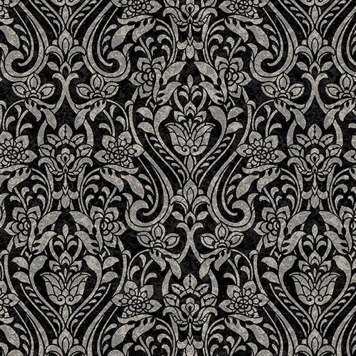 Benartex Hummingbirds and Honeysuckle Traditions Damask Black Grey 13216-11