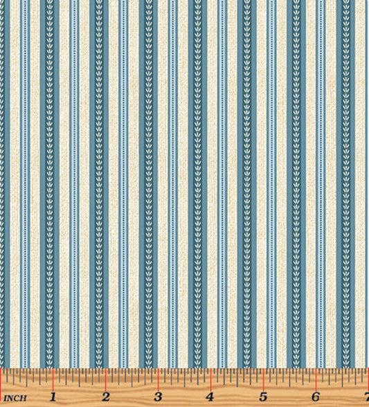 Benartex Garden Happy Stripe in Blue Cream 9428