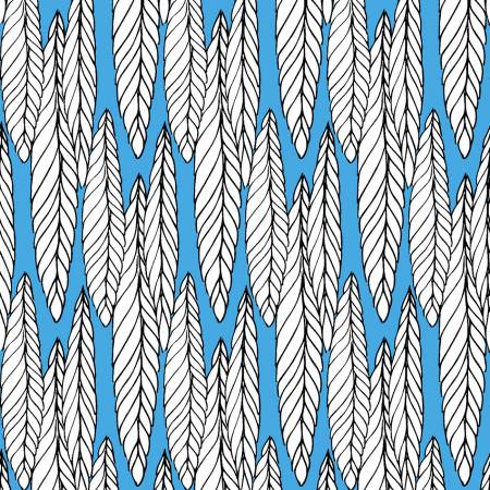 Clothworks Long And Narrow White Leaves With Black Lines on Blue: Leafline Ivory Woods Y2911-125