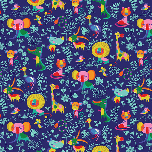 Clothworks Sleepy Time Jungle Animals Y3342-95 Indigo