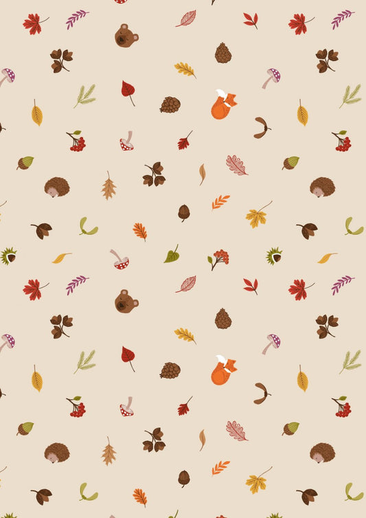 Lewis & Irene Winter Nap Scattered Foliage and Friends on Cream A563-1