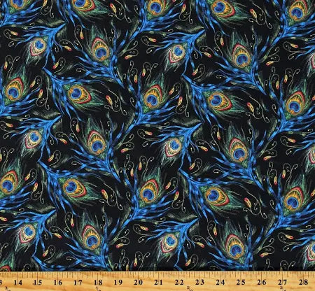 Mook Fabrics Peacock Feathers on Black 119636