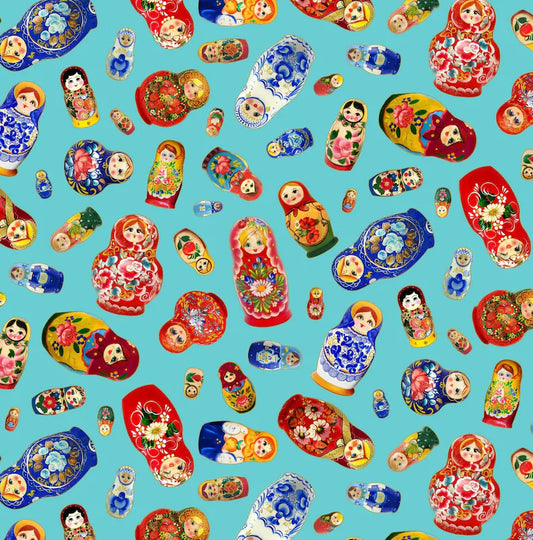 Elizabeth's Studio Fabrics Russian Nesting Dolls on Turquoise M645