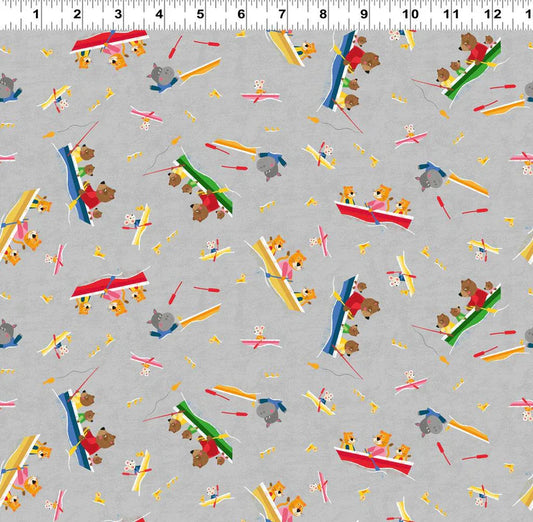 Clothworks Play Time Animals in Rowboats Light Gray Y3461-5