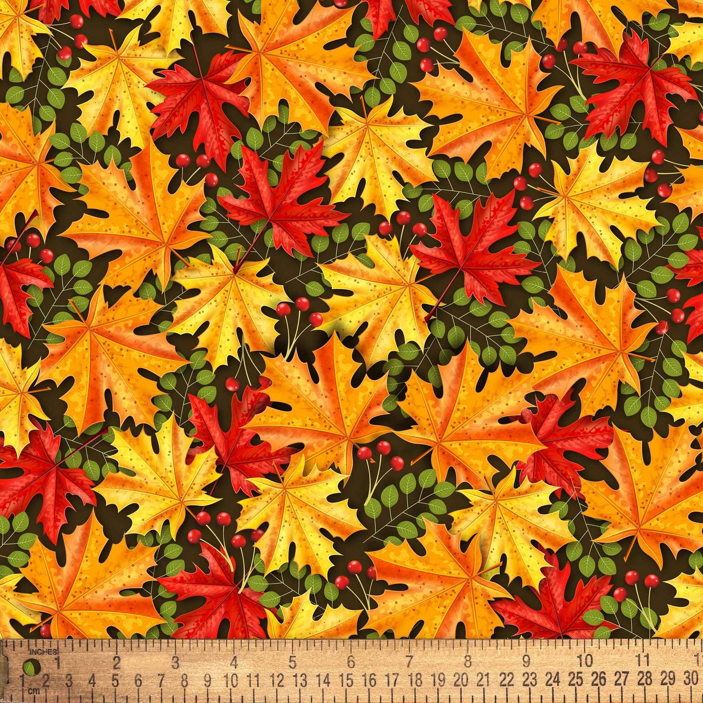 Fall Autumn Leaves on Black (1/2 yard PRE-CUT)