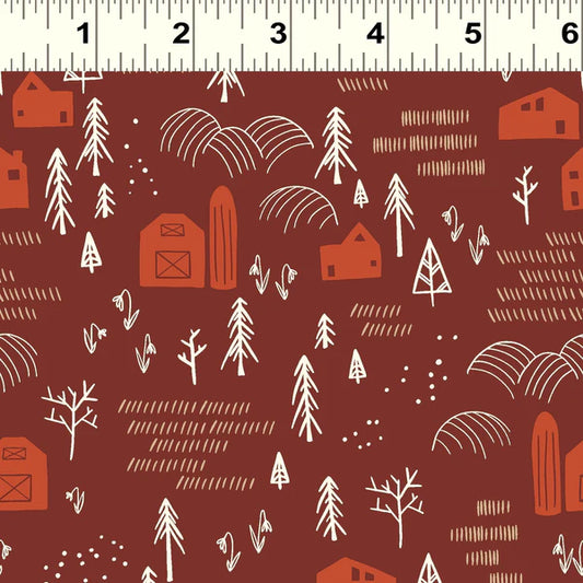 Clothworks Raised Red Barns Y3417-51 Brick Red