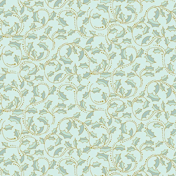 Benartex A Festive Medley Metallic Golden Leaf Scroll Light Teal 2657M
