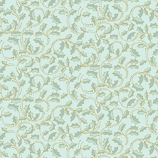 Benartex A Festive Medley Metallic Golden Leaf Scroll Light Teal 2657M